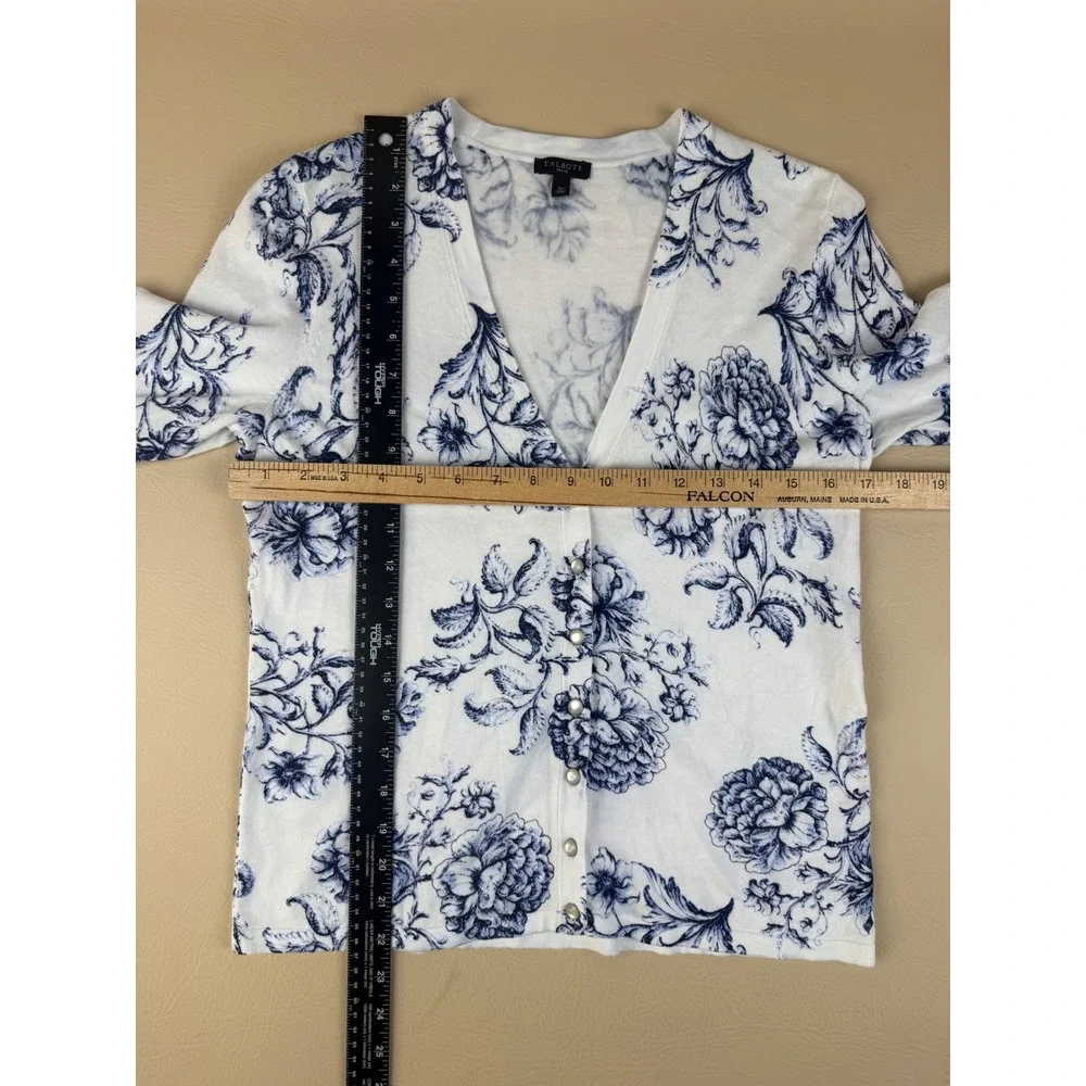 Talbots SP Cardigan Blue Floral Toile Cotton Blend Short Sleeve V-Neck